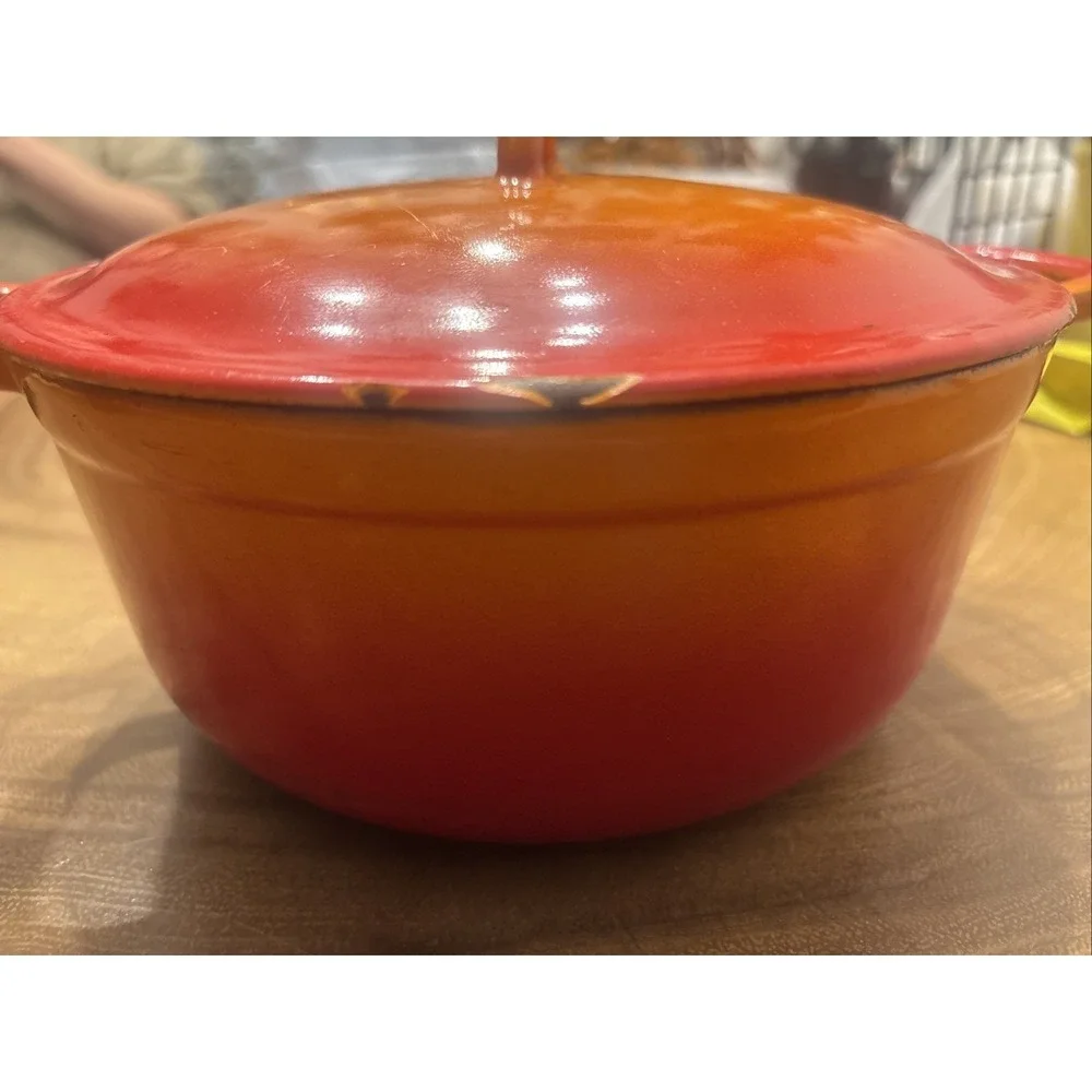 VTG 60s Descoware Flame Orange Enamel Cast Iron Dutch Oven FE 22-C Belgium 22cm